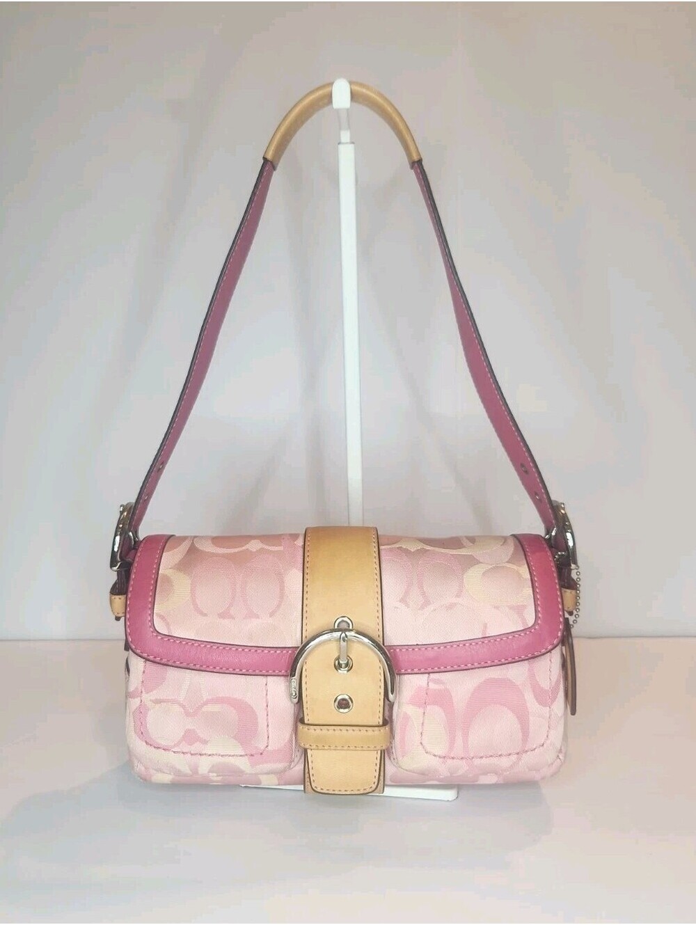 RARE Vintage Pink Coach Optic Tan Leather Mono Signature Soho Shoulder Bag Y2K